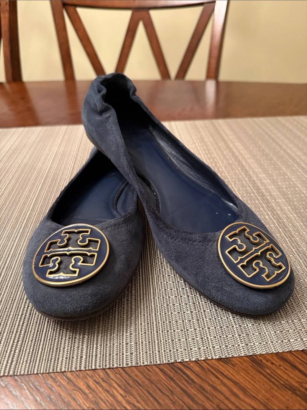 Tory Burch Navy Suede Logo Ballet Flats with Gold Emblem